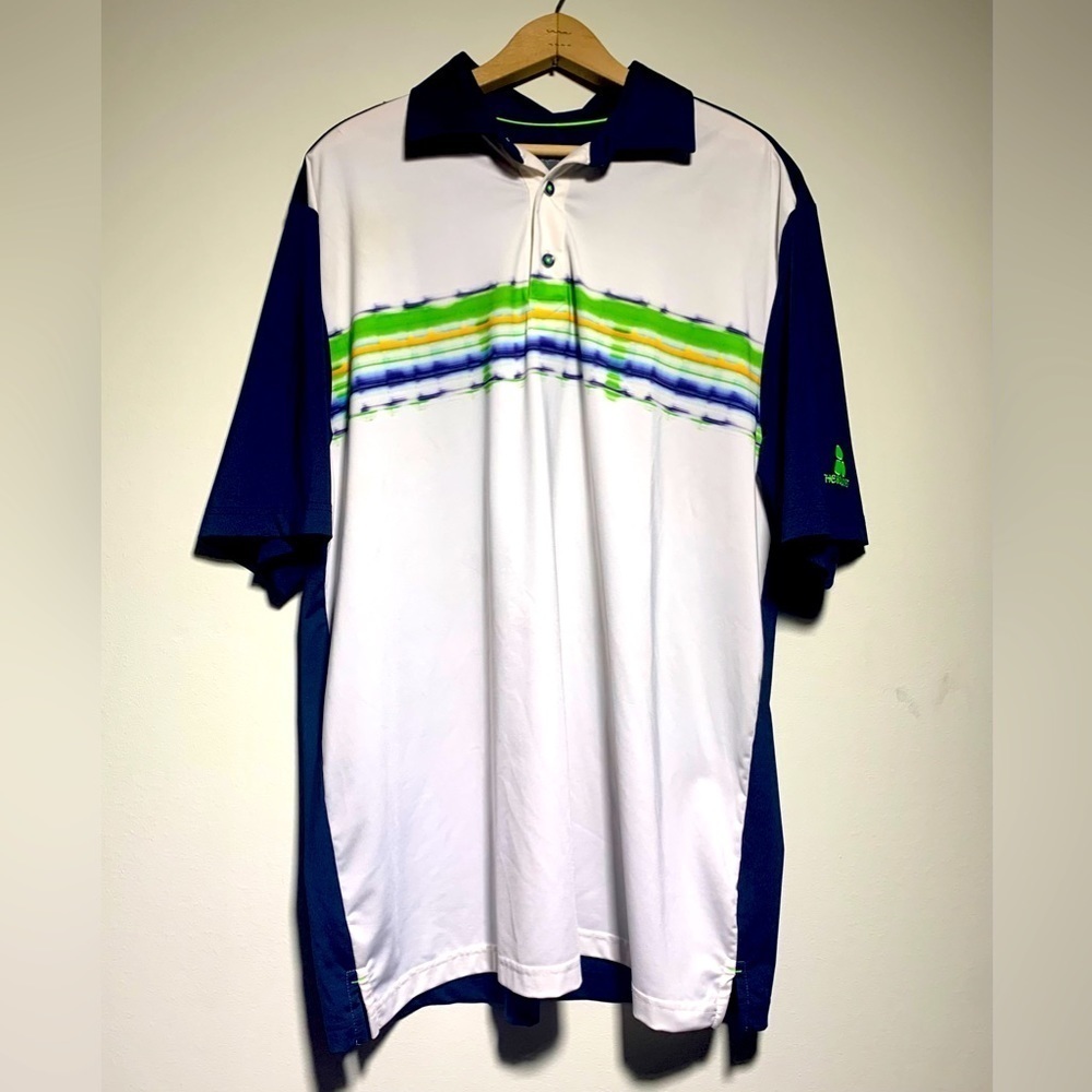 Greg Norman Play Dry Men’s Golf Polo Shirt Shark Logo Polyester Large Blue White